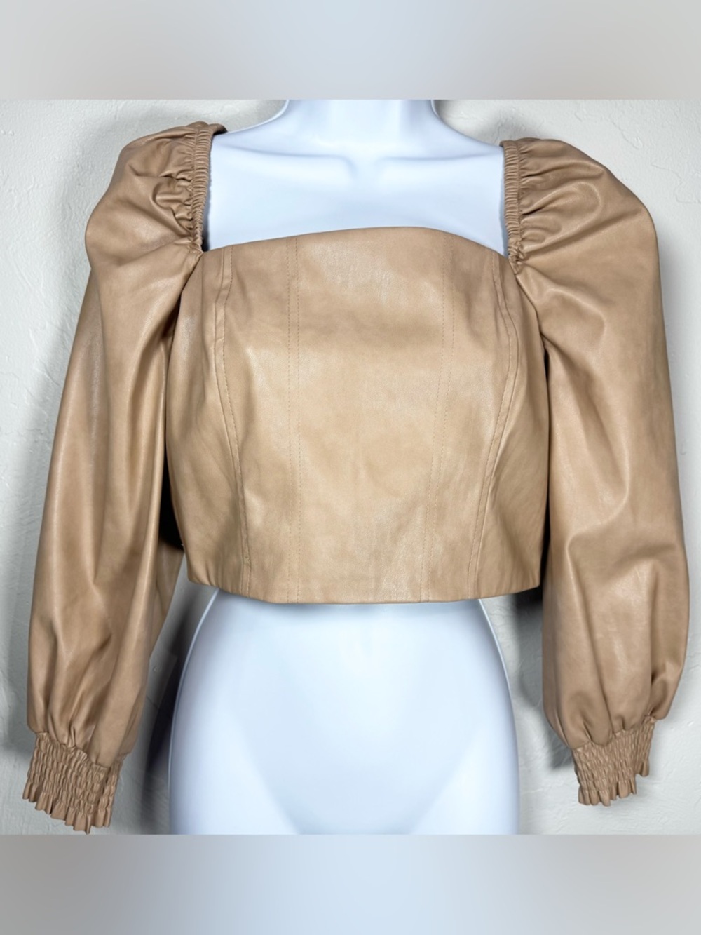 7 For All Mankind Tan/Nude Faux Leather Puff Sleeve Crop Top Size Medium
